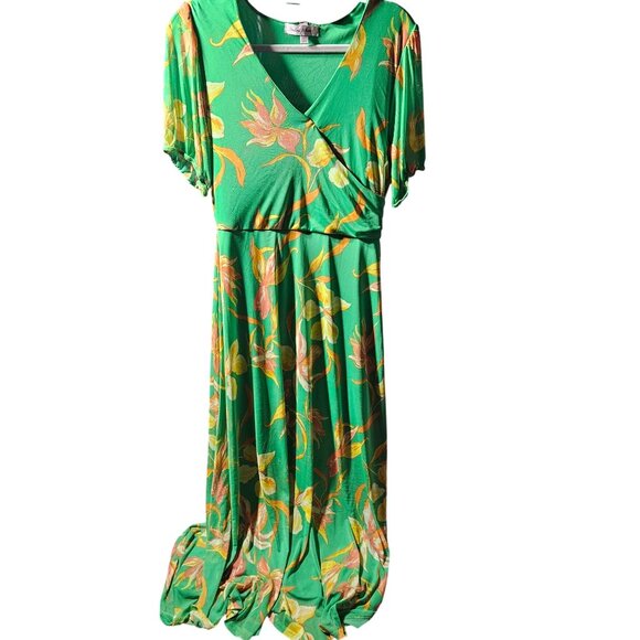 Harlow & Rose Green Floral Wrap Maxi Dress L - Picture 1 of 4